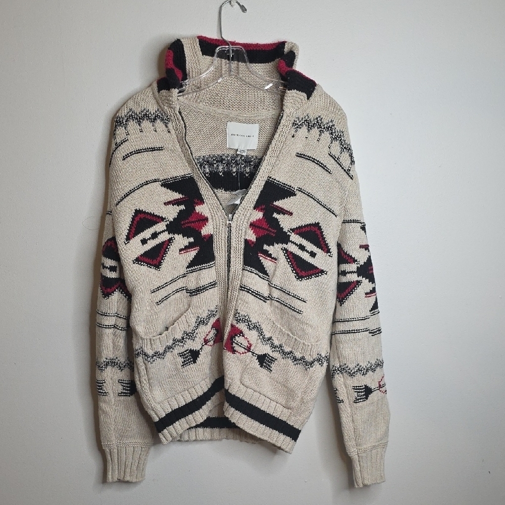 American Eagle Outfitters Beige and Black Zip Up Sweater Western COWBOY
